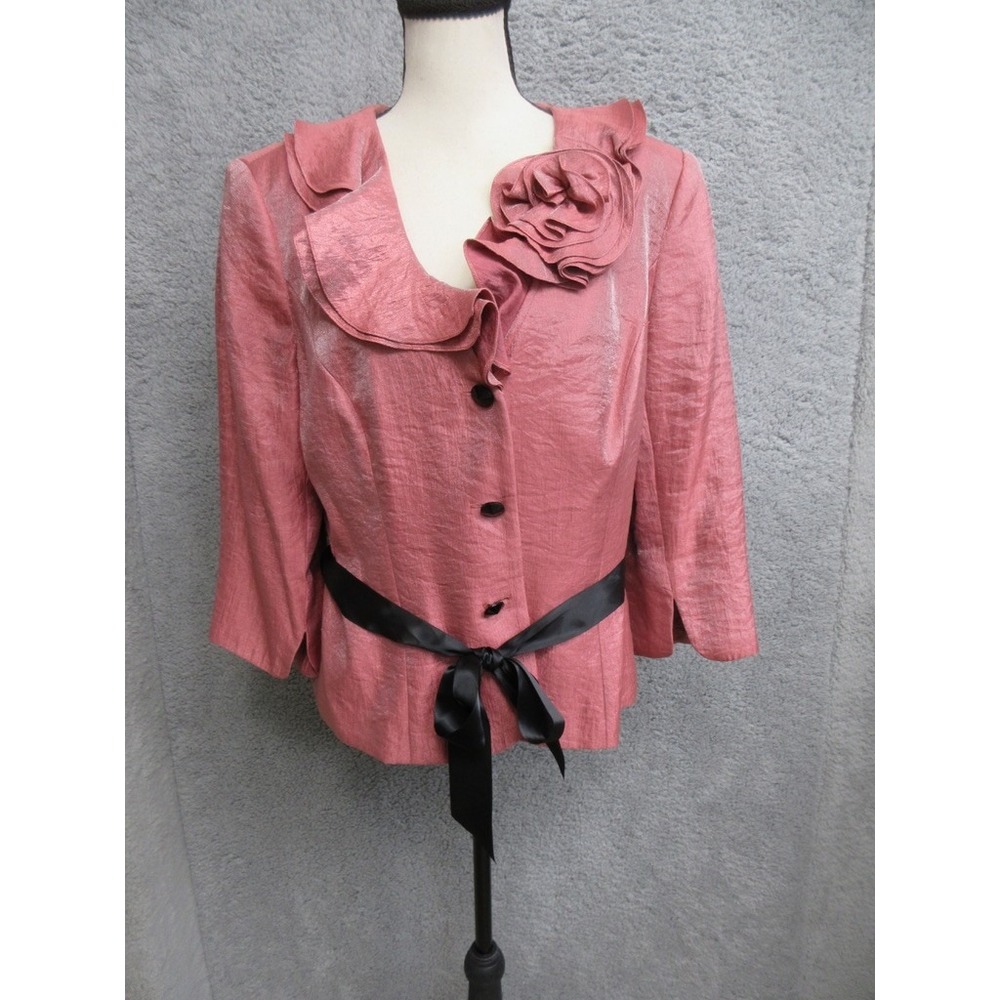 Adrianna Papell Evening Blazer Women 10 Pink Y2K Rosette Ruffle Coquette Glamour